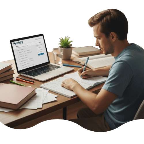 Student studying with books