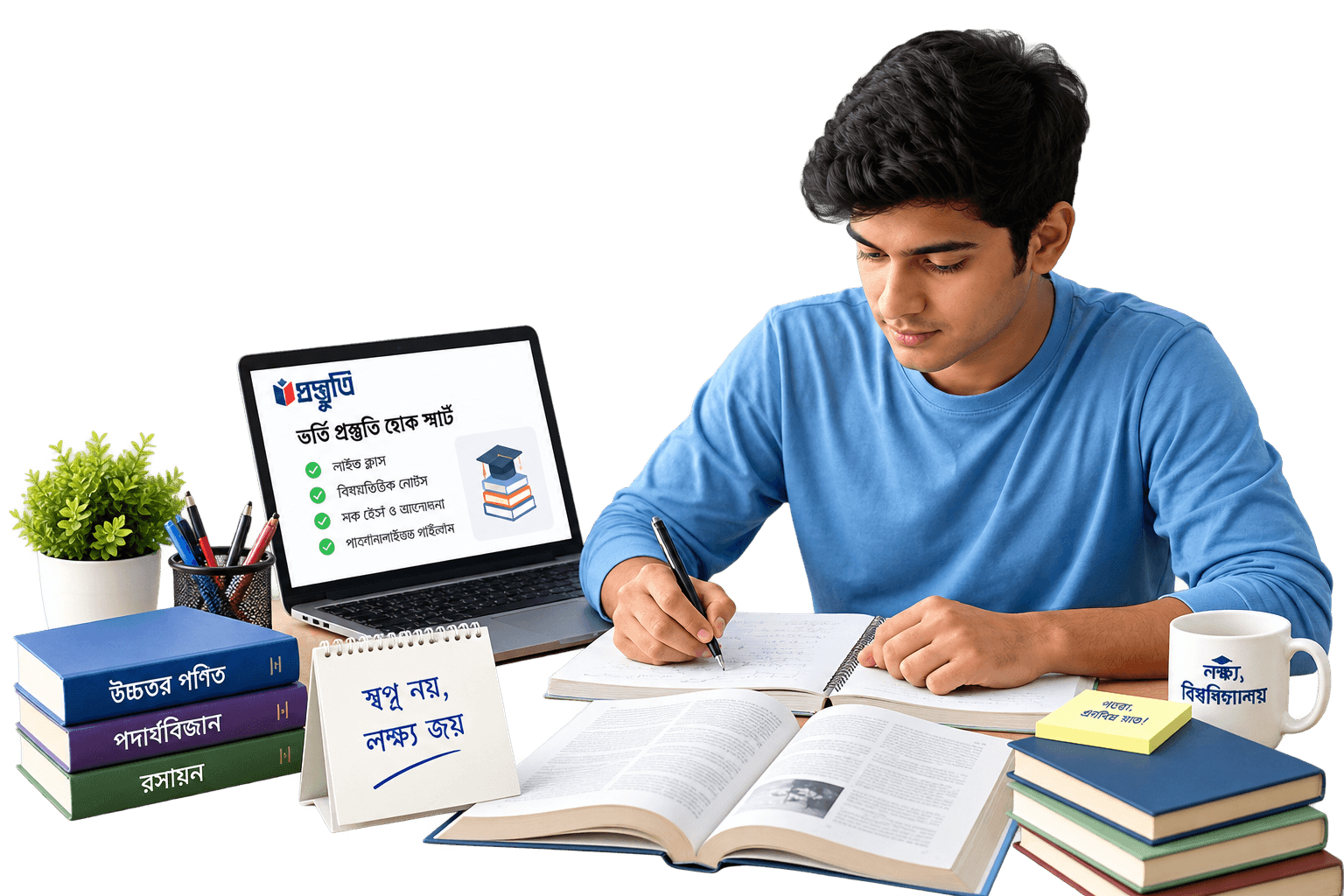 Student studying with books